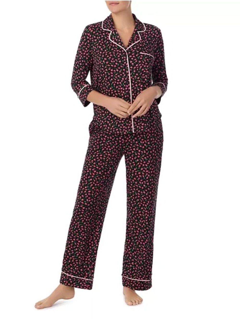 Kate Spade Cherry‎ Floral Pajama Set XL Black Pink 3/4 Sleeve Lounge Sleepwear